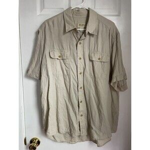 Vintage Eddie Bauer Mens Shirt L Beige Button Up Pockets Short Sleeve 100% Linen